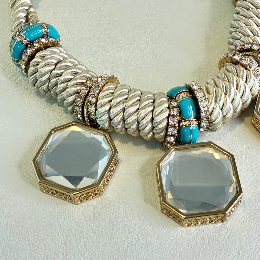 Chunky Statement Rope Necklace Rhinestone Faceted Mirror Pendants Gold Tone - Picture 12 of 16